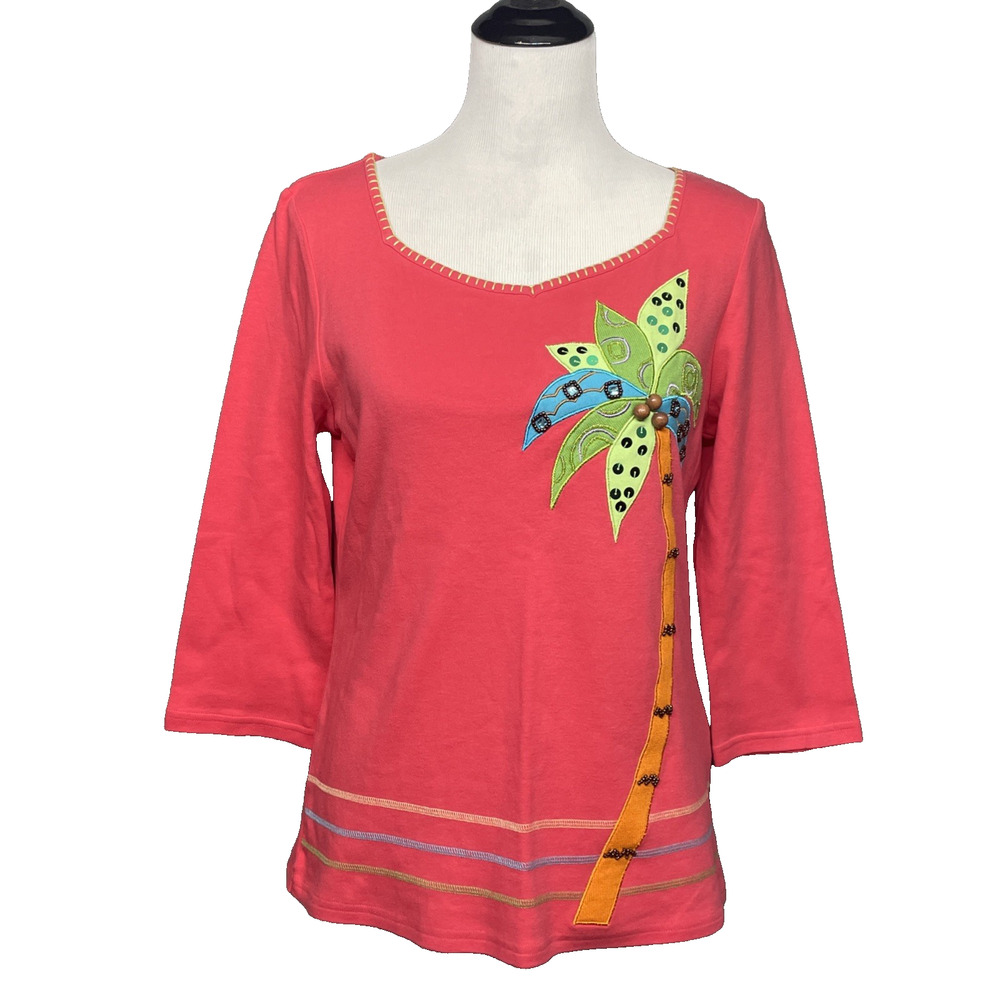 Vtg Jack B Quick Women M Coral 3/4 Slv Palm Tree Embellished Sweetheart Neckline